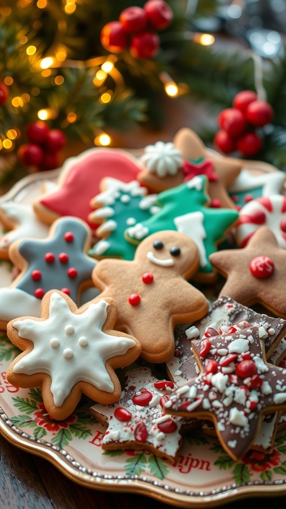 An assortment of decorated Christmas cookies on a festive platter.